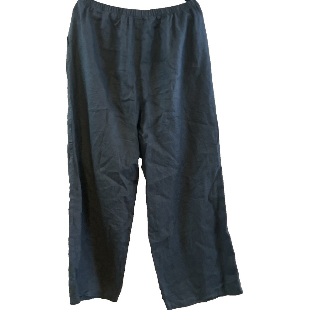 FLAX Linen Pants Large Pull On‎ Elastic Waist Wide Leg Lagenlook Pockets Black